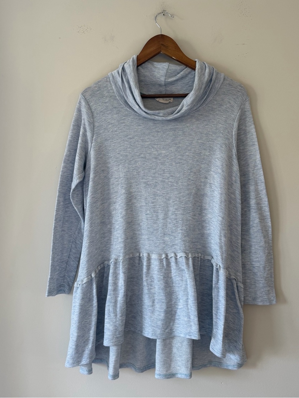 Vestique Light Blue Cowl-Neck Ruffle-Hem Sweater Size Small
